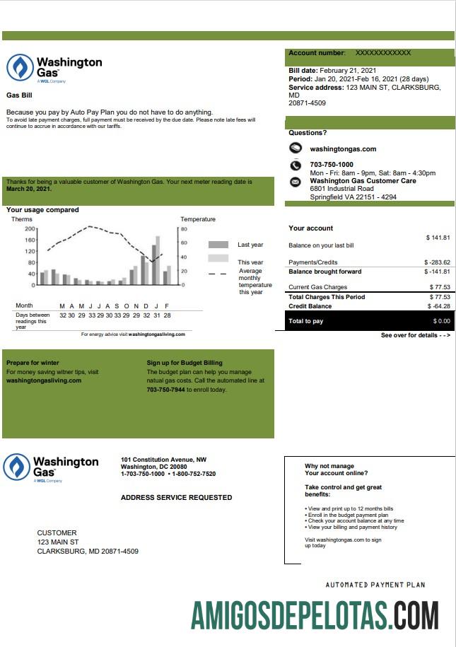 imprimível Modelo de conta de serviços públicos dos EUA Washington Gas (WGL) em formato Word e PDF